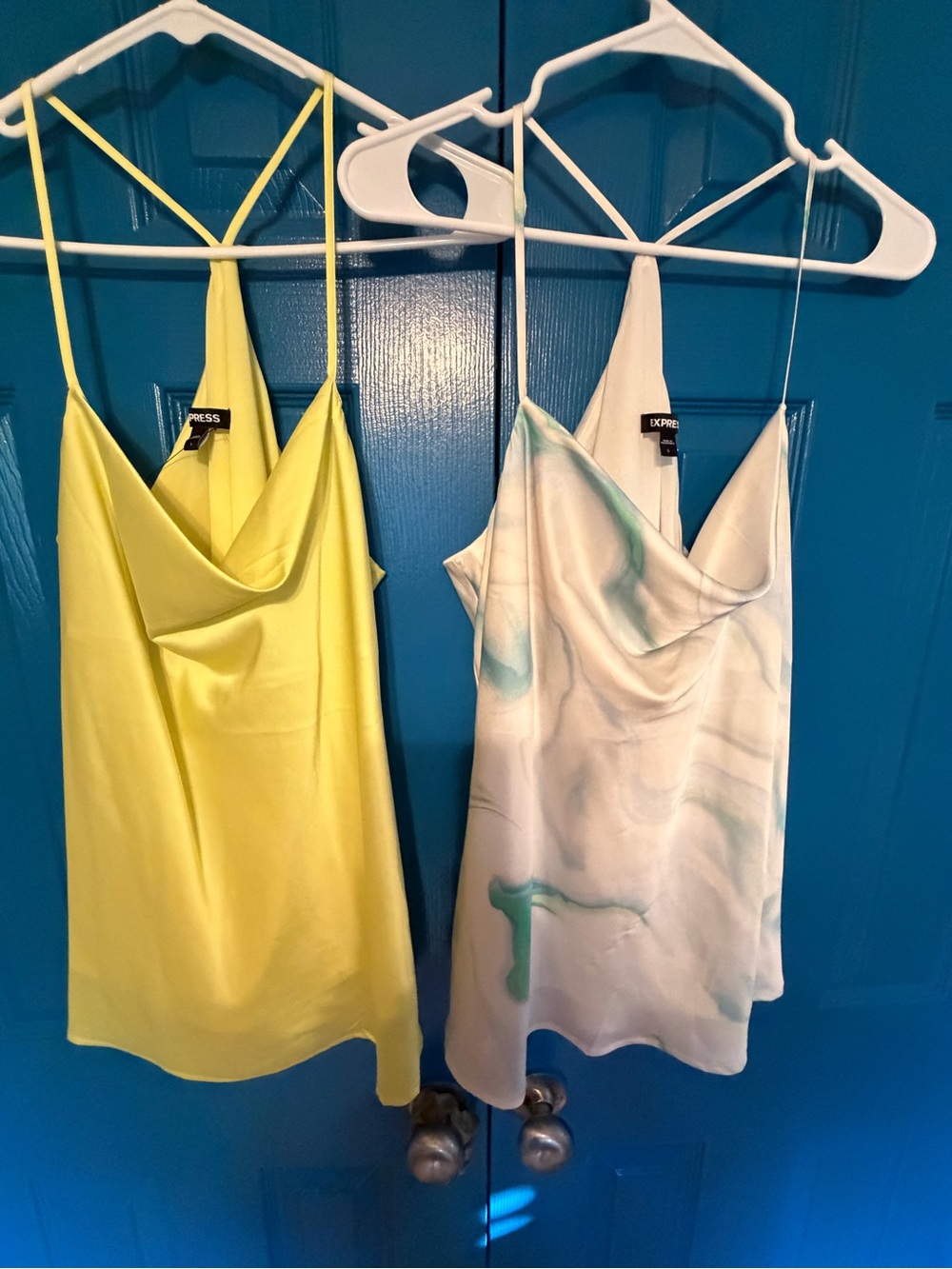 Express Women's Satin Cowl Neck Cami - Yellow and white with teal tie-dye